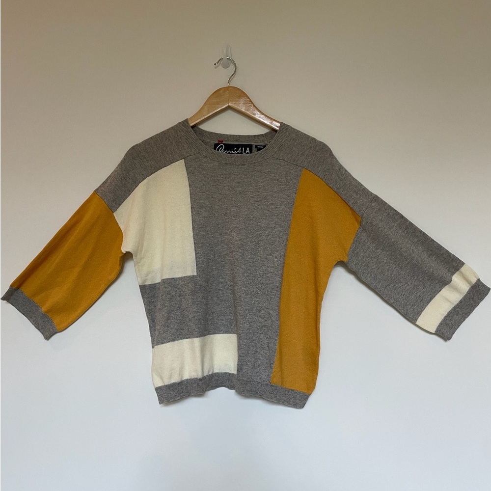 Colorblock Cashmere Sweater in Gray, Cream, and Tan